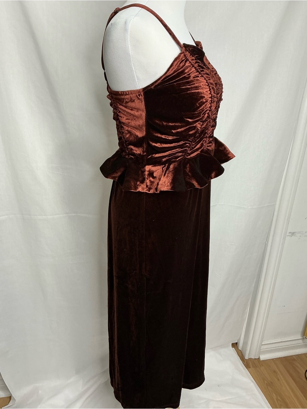 2202 - Ruched Velvet Peplum Maxi Dress in Deep Chocolate - Picture 4 of 12